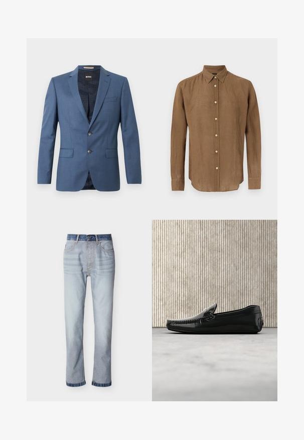 Blazer bleu ajusté avec deux boutons, revers crantés et poches à rabat. La doublure intérieure présente un motif subtil. Coupe structurée avec une texture lisse.; Chemise marron à manches longues avec col, boutons blancs et logo subtil sur le côté gauche de la poitrine, présentée sur un fond blanc.; Jean denim bleu clair avec une ceinture bleu foncé, coupe droite, cinq poches et détails de couture visibles.; Mocassins en cuir noir avec une finition brillante, bout rond et quincaillerie décorative à l'avant. Semelle en caoutchouc à profil bas. Texture lisse.