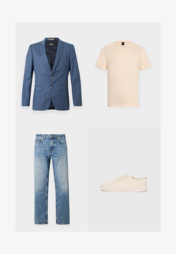 Blazer bleu ajusté avec deux boutons, revers crantés et poches à rabat. La doublure intérieure présente un motif subtil. Coupe structurée avec une texture lisse.; T-shirt beige manches courtes à col rond avec un logo « BOSS » discret sur la poitrine et une étiquette noire à l’intérieur de l’encolure.; Jean denim bleu clair à coupe droite avec cinq poches et fermeture bouton sur un fond uni.; Baskets en toile beige avec bout arrondi, semelle en caoutchouc plate et lacets à l'avant. Présente un design minimaliste et un accent noir contrastant au niveau du talon.