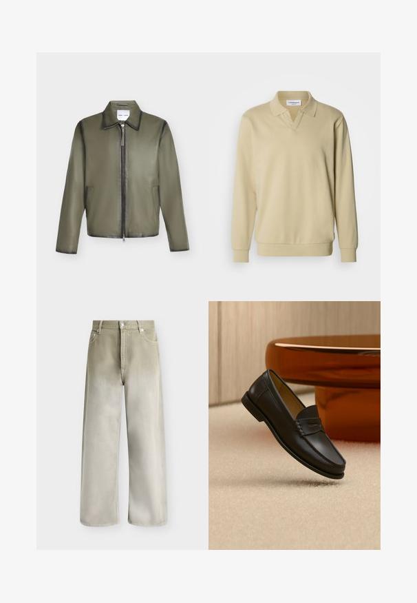 Veste en cuir vert olive avec manches longues, fermeture éclair frontale, deux poches latérales et col classique.; Polo beige à manches longues avec col, présentant un décolleté en V et des poignets côtelés. Confectionné dans un tissu doux au toucher lisse.; Jean beige et gris clair à jambes larges, avec poches avant, passants de ceinture et fermeture par bouton.; Chaussure mocassin en cuir noir suspendue au-dessus d’un tapis beige avec du mobilier moderne couleur ambre en arrière-plan.