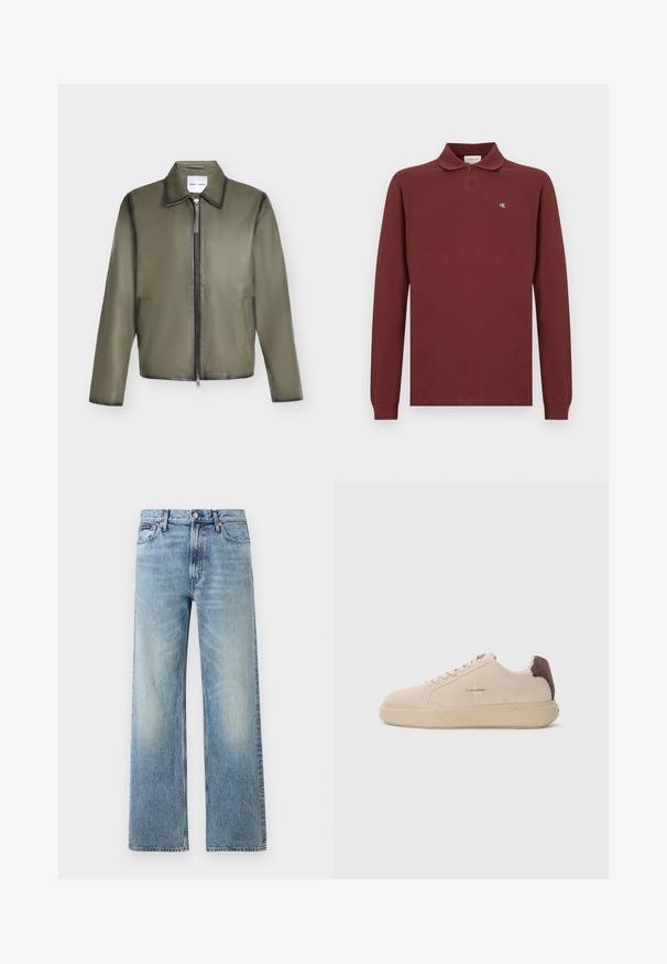 Veste en cuir vert olive avec manches longues, fermeture éclair frontale, deux poches latérales et col classique.; Polo-shirt à manches longues bordeaux en coton, arborant un col classique, une patte de boutonnage à trois boutons et un petit logo brodé sur la poitrine.; Jean droit en denim bleu clair avec taille haute, cinq poches, fermeture à boutons et léger délavage sur les cuisses et les genoux.; Baskets en daim beige avec un bout rond, lacets à l'avant et un accent en daim marron sur le talon. Dotées d'une semelle en caoutchouc texturé.