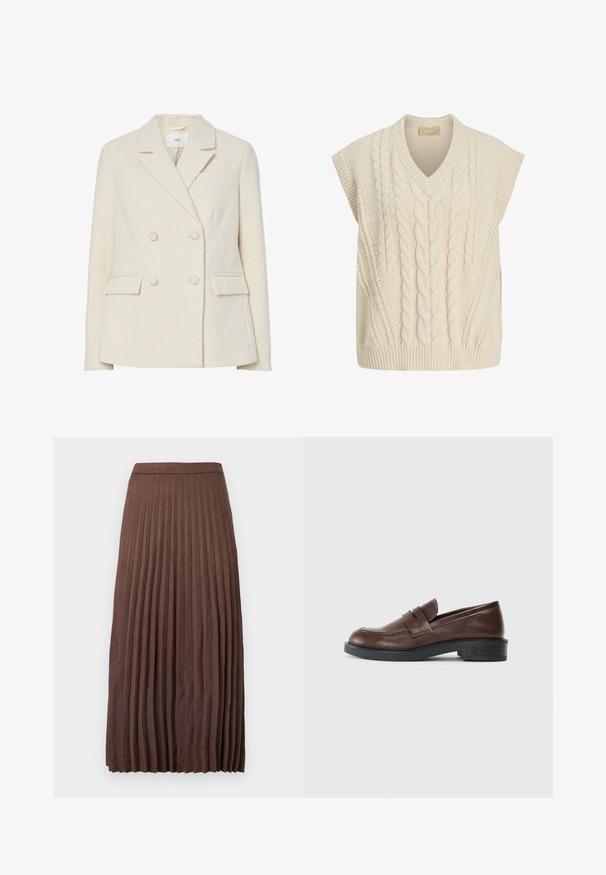 Blazer beige croisé en tissu texturé, avec revers en encoche, deux poches avant et détails de boutons dorés.; Gilet sans manches en tricot couleur crème avec motif torsadé et col en V.; Jupe midi plissée marron en tissu texturé, dotée d'une taille ajustée et de plis verticaux s'étendant de la taille à l'ourlet.; Mocassins en cuir marron avec un bout arrondi, présentant une sangle décorative sur le dessus, et un talon bas en caoutchouc noir texturé.