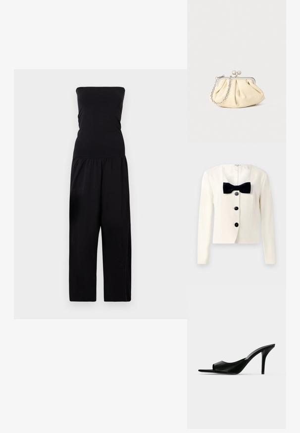 Creme blazer med dyb V-udskæring, prydet med et tekstureret sort butterfly og fire sorte knapper foran. Lange ærmer og en skræddersyet pasform.; By Malene Birger MARCIEL - Buksedragter - black; Sort læder åben tå højhælet mule med en slank stilet hæl, vist i sideprofil på en ensfarvet baggrund.; Plisseret beige læderclutch med en sølvmetalramme, der har to runde dekorative låse og en sølvkædetrasporte.