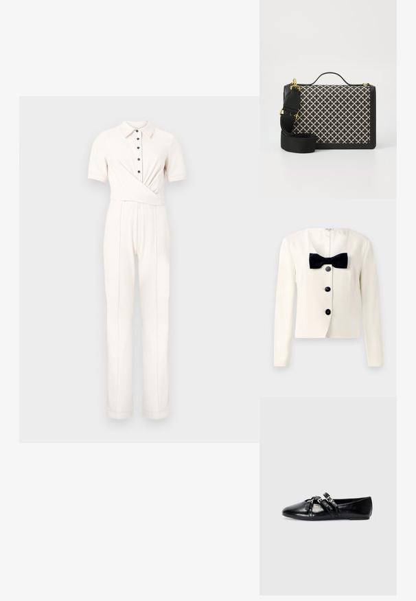 Creme blazer med dyb V-udskæring, prydet med et tekstureret sort butterfly og fire sorte knapper foran. Lange ærmer og en skræddersyet pasform.; Hvid heldragt med korte ærmer, krave, sorte knapper foran og et omslagssnit ved taljen, bukser med lige ben.; Sorte læder balletflader med spidse tæer, to dekorative stropper med sølvspænder og en glat, blank overflade.; Sort håndtaske med et vævet mønster i kräm. Har en top håndtag, justerbar skulderrem, guldfarvet hardware og en struktureret rektangulær form.