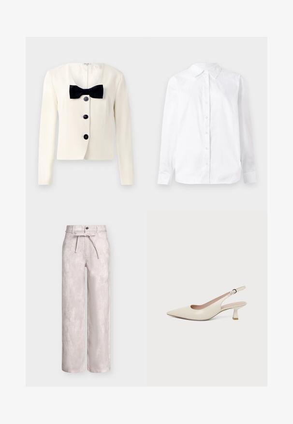 Blazer crema con un escote en V profundo, que presenta una pajarita negra texturizada y cuatro botones negros en la parte delantera. Mangas largas y un corte entallado.; Camisa blanca de manga larga con botones, fabricada en algodón, que presenta un collar puntiagudo y un corte recto con una textura suave.; Pantalones de talle alto y pierna ancha en gris claro con botón frontal, cremallera, trabillas para cinturón y cinturón de tela para anudar con un sutil patrón texturizado.; Zapato slingback color crema con punta puntiaguda, tacón pequeño curvado tipo kitten heel y correa ajustable con hebilla.