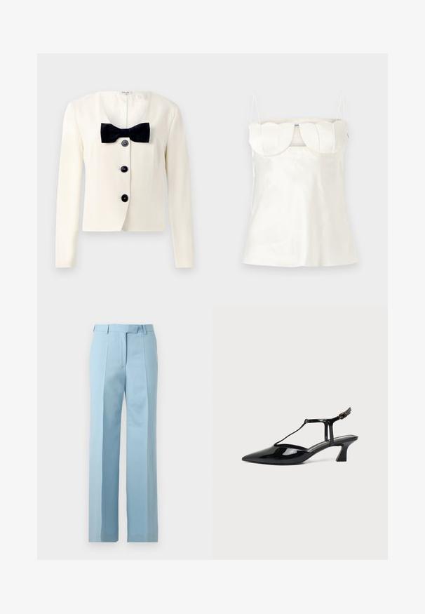 Creme blazer med dyb V-udskæring, prydet med et tekstureret sort butterfly og fire sorte knapper foran. Lange ærmer og en skræddersyet pasform.; Hvid satin camisole med justerbare stropper, en struktureret, scalloped buste og en lige kant. Glat tekstur og minimalistisk design.; Lyseblå skræddersyede bukser med høj talje, bæltestropper, forreste plisseringer og lige ben på hvid baggrund.; Sort laklæder spids tå slingback sko med T-rem og lav skrå blokhæl på hvid baggrund.