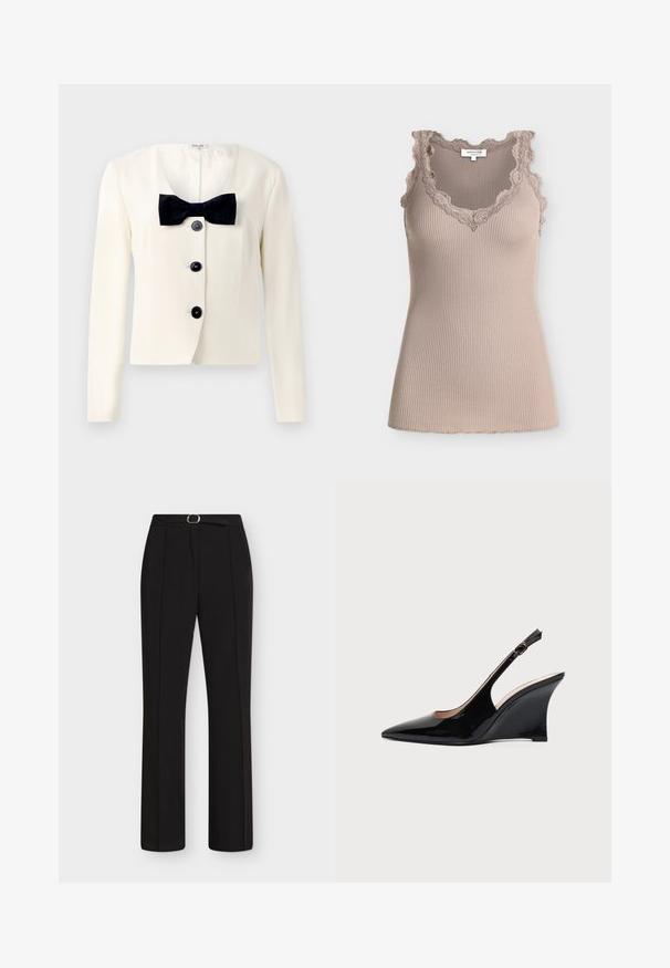 Cremfarbener Blazer mit tiefem V-Ausschnitt, versehen mit einer strukturierten schwarzen Fliege und vier schwarzen Knöpfen auf der Vorderseite. Mit langen Ärmeln und taillierter Passform.; Ärmelloses geripptes Tanktop in Beige mit gezacktem Spitzenbesatz am Ausschnitt und den Armlöchern auf einfarbigem Hintergrund.; Schwarze gerade geschnittene Hose mit vorderen Bügelfalten und passendem schwarzen Gürtel mit silberner Schnalle, dargestellt auf weißem Hintergrund.; Schwarzer Lackleder-Slingback-Wedgeschuh mit spitzer Zehenpartie und verstellbarer Knöchelschnalle vor weißem Hintergrund.