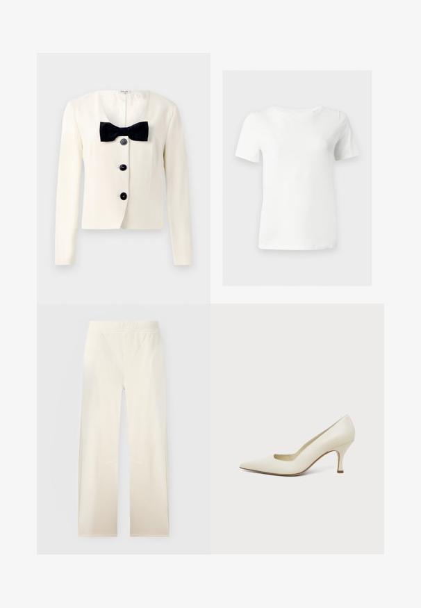 Blazer crema con un escote en V profundo, que presenta una pajarita negra texturizada y cuatro botones negros en la parte delantera. Mangas largas y un corte entallado.; Camiseta básica blanca de manga corta y cuello redondo, mostrada sobre un fondo gris claro.; Pantalones ancho color marfil con cintura elástica y detalles sutiles de costuras en la parte delantera, mostrados sobre un fondo liso.; Zapato de tacón alto de cuero color crema con punta puntiaguda y tacón delgado de altura media sobre un fondo claro y liso.