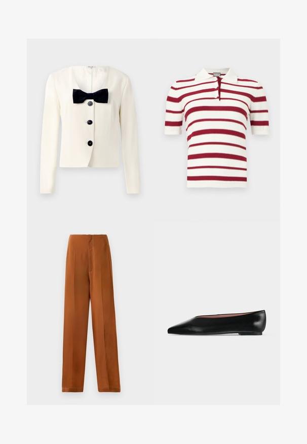 Crème blazer met een diepe V-hals, voorzien van een gestructureerde zwarte strik en vier zwarte knopen aan de voorkant. Lange mouwen en een getailleerde pasvorm.; Gebreid poloshirt met korte mouwen, voorzien van witte en donkerrode horizontale strepen en een kraag met een twee-knops sluiting.; Wijde broekspijpen in een warme bruine kleur, met een zachte textuur, hoge taille en contrasterende witte stiksels langs de naden.; Zwarte leren damesschoen met platte zool, puntige neus en lage hak, zijwaarts afgebeeld tegen een effen lichtgrijze achtergrond.