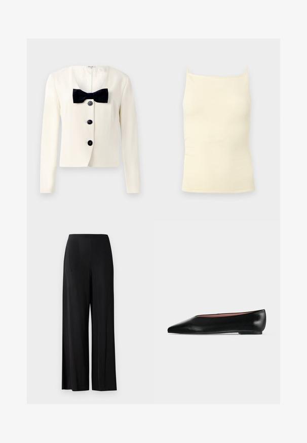 Blazer crema con un escote en V profundo, que presenta una pajarita negra texturizada y cuatro botones negros en la parte delantera. Mangas largas y un corte entallado.; Top de camiseta de punto acanalado color crema con tirantes finos y escote recto sobre un fondo neutro.; Pantalones negros de pierna ancha, fabricados en tela suave, con una cintura alta y sin bolsillos ni elementos metálicos visibles. Diseño hasta el suelo.; Zapato plano negro de cuero para mujer con punta puntiaguda y tacón bajo, mostrado de lado sobre un fondo liso gris claro.