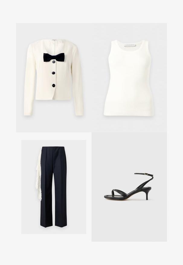 Creme blazer med dyb V-udskæring, prydet med et tekstureret sort butterfly og fire sorte knapper foran. Lange ærmer og en skræddersyet pasform.; Hvid, ribstrikket, ærmeløs tanktop med rund halsudskæring, tætsiddende pasform og mærkeetiket på indersiden af bagkraven.; Sorte bukser med lige ben og høj talje, med et hvidt blonder tørklæde hængende på venstre side.; Sort damesandal i læder med tynde remme, en tå-loop, ankelspænde og en mellemhøj stiletthæl på en neutral baggrund.