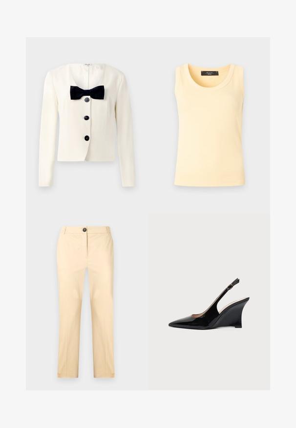 Cremfarbener Blazer mit tiefem V-Ausschnitt, versehen mit einer strukturierten schwarzen Fliege und vier schwarzen Knöpfen auf der Vorderseite. Mit langen Ärmeln und taillierter Passform.; Ärmelloses, geripptes Stricktop in blassem Gelb mit rundem Ausschnitt und schwarzem Markenetikett innen am Kragen.; Beige gerade geschnittene Hose mit Gürtelschlaufen, Frontknopfverschluss und flacher Vorderseite, aus glattem Stoff gefertigt.; Schwarzer Lackleder-Slingback-Wedgeschuh mit spitzer Zehenpartie und verstellbarer Knöchelschnalle vor weißem Hintergrund.