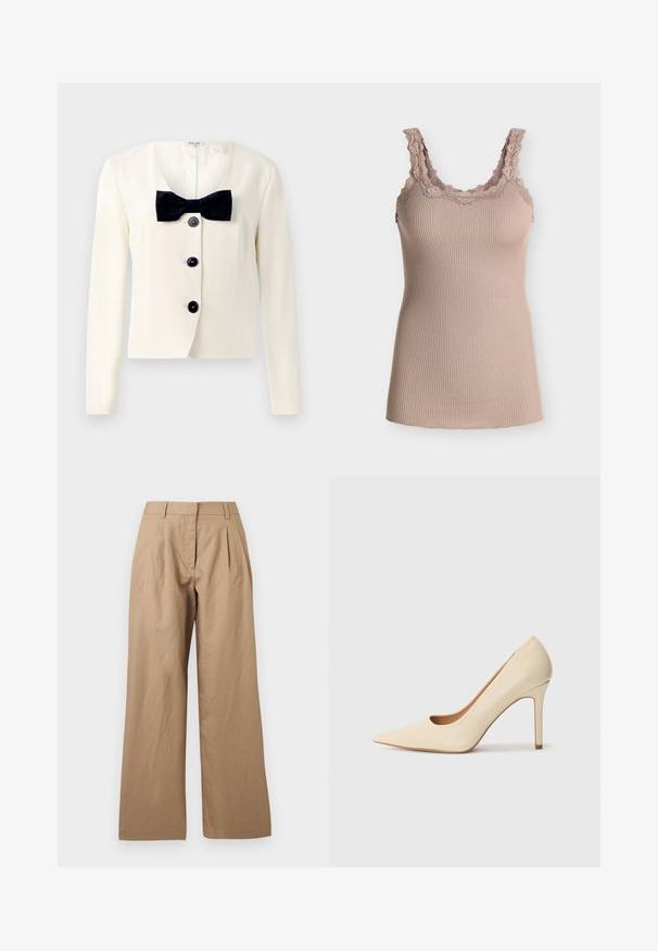 Creme blazer med dyb V-udskæring, prydet med et tekstureret sort butterfly og fire sorte knapper foran. Lange ærmer og en skræddersyet pasform.; Beige ribstrikket tanktop med blondekant langs halsudskæring og stropper, ærmeløs og tætsiddende stil på ensfarvet baggrund.; Beige bukser med brede ben, forreste plisseringer, bæltestropper og skjult lukning foran, vist på en ensfarvet baggrund.; Beige læder højhælede pumps med spidse tæer og et udskæringsdetalje på siden, der har en slank stilettohæl for støtte.