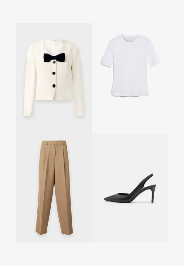 Creme blazer med dyb V-udskæring, prydet med et tekstureret sort butterfly og fire sorte knapper foran. Lange ærmer og en skræddersyet pasform.; Hvid kortærmet t-shirt lavet af ribbet stof. Rund halsudskæring, almindelig pasform og subtile syninger. Ingen mønstre eller grafik.; Beige skræddersyede bukser med høj talje, plisseret front og bred benudskæring. Stoffet ser glat ud med en let glans.; Sorte læder slingback høje hæle med spids tå-design, der har en udskæring fortil og en tynd stiletto-hæl.