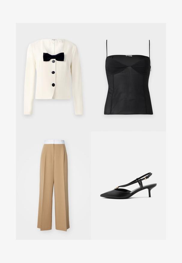 Creme blazer med dyb V-udskæring, prydet med et tekstureret sort butterfly og fire sorte knapper foran. Lange ærmer og en skræddersyet pasform.; Sort ærmeløs tætsiddende top med tynde skulderstropper, hjerteformet udskæring og sømdetaljer på en ensartet hvid baggrund.; Bredde benbukser i et lysebrunt stof med en kontrasterende hvid talje. Har rene linjer og ingen synlige mønstre eller udsmykninger.; Sort læder slingback kitten heel med spids tå, slank T-rem, justerbar spænde og lille guldfinish på remmen.