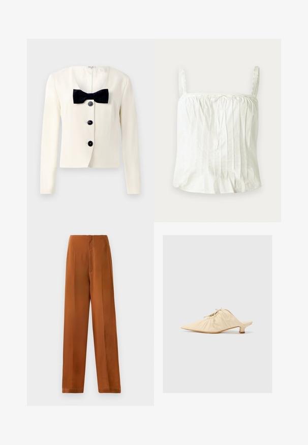 Crème blazer met een diepe V-hals, voorzien van een gestructureerde zwarte strik en vier zwarte knopen aan de voorkant. Lange mouwen en een getailleerde pasvorm.; Witte mouwloze top met dunne bandjes, met geplooide textuur en kantaccenten langs de halslijn. Lichte katoenen stof.; Wijde broekspijpen in een warme bruine kleur, met een zachte textuur, hoge taille en contrasterende witte stiksels langs de naden.; Crème-kleurige leren instap schoenen met een spitse neus, geplooide details aan de voorkant en een korte blokhak.