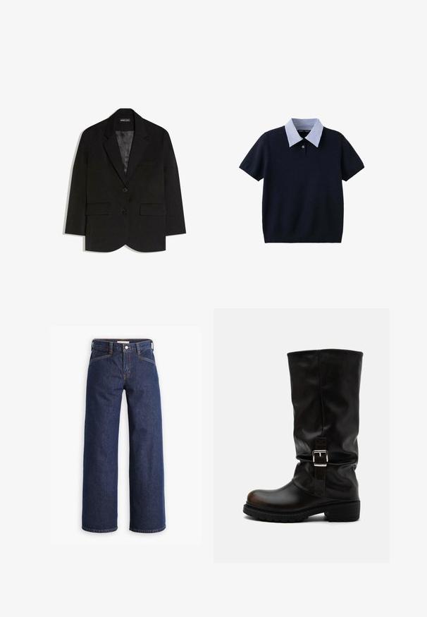 Blazer noir ajusté avec deux poches à rabat à l'avant, deux boutons, col à revers cranté et doublure intérieure en satin lisse.; Haut en maille bleu marine à manches courtes avec un col rayé bleu et blanc et un seul bouton au niveau de l’encolure.; Jeans en denim bleu marine avec taille haute, coupe large et broderies orange discrètes. Comprend une fermeture par bouton et zip à l'avant.; Botte haute en cuir noir avec bout arrondi, talon bas, bride à boucle latérale et tige légèrement relâchée sur fond blanc.