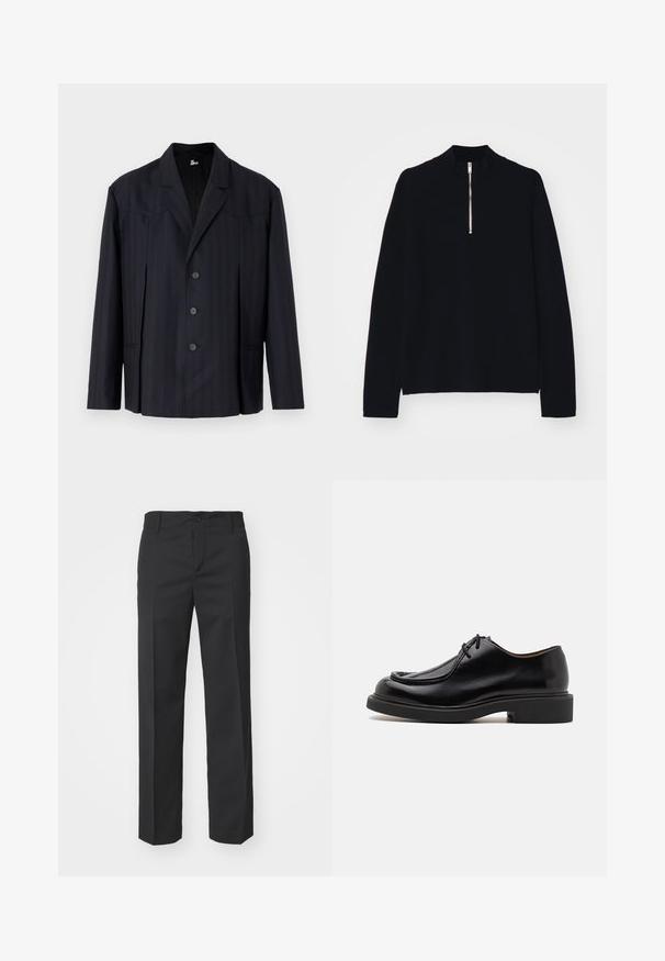 Blazer azul marino oscuro con rayas verticales, diseño de un solo botón, hombros estructurados, cinco botones y cuello con muesca.; Top negro de manga larga fabricado en un material suave, con un cuello alto de estilo mock y una media cremallera en la parte delantera, con un corte relajado.; Filippa K TROY TROUSERS - Pantalones - black; Zapato de cuero negro con punta redondeada, detalles de costura, cordones mínimos y suela de goma gruesa para tracción y durabilidad.