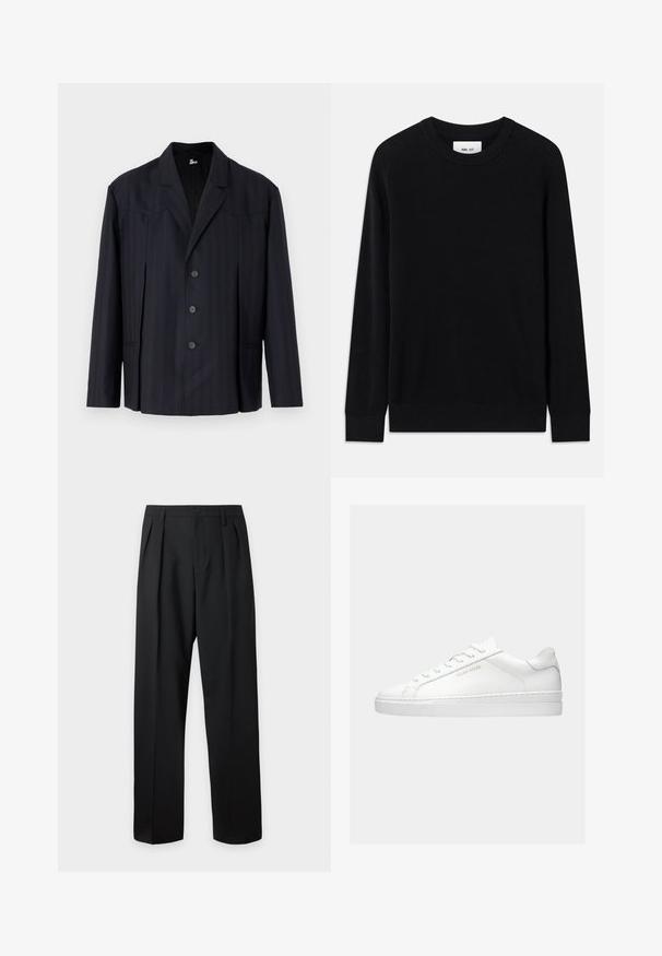 Blazer azul marino oscuro con rayas verticales, diseño de un solo botón, hombros estructurados, cinco botones y cuello con muesca.; Suéter negro de canalé con cuello redondo, mangas largas y textura de punto. Presenta un dobladillo recto y una etiqueta de marca sutil en su interior.; Pantalones negros de talle alto y corte sastre, con presillas para cinturón, pliegues delanteros, cierre de botones y piernas anchas y rectas sobre un fondo claro.; Zapatilla baja blanca con cordones, diseño minimalista y marca "Filling Pieces" en dorado en el lateral sobre un fondo liso.
