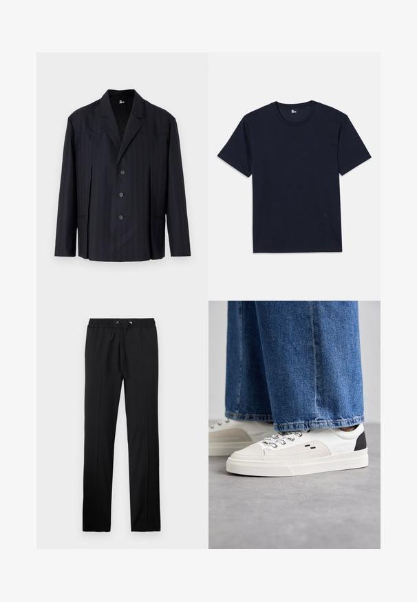 Mørkeblå blazer med lodrette striber, enkeltbreasted design, strukturerede skuldre, fem knapper og slagkrave.; Marineblå bomulds t-shirt med korte ærmer, rund halsudskæring og minimale syninger. Enkel design uden synlige mønstre eller accenter.; Iceberg PANTALONI - Bukser - nero; Hvide og sorte sneakers med en glat læderoverdel, teksturerede detaljer og en kraftig hvid sål. Har et klassisk snørebåndsdesign.