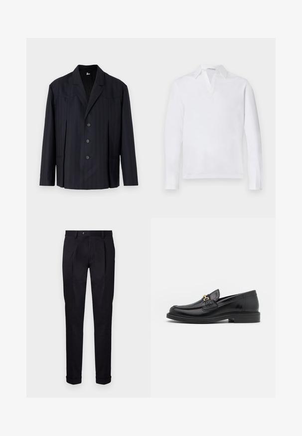 Mørkeblå blazer med lodrette striber, enkeltbreasted design, strukturerede skuldre, fem knapper og slagkrave.; Hvid langærmet polo shirt med spidse krave og delvis knaplukning. Blødt bomuldsstof med en ensfarvet struktur. Ingen synlige detaljer.; Skræddersyede sorte bukser lavet af glat stof, med flad front, to frontplisseringer og manchetter i bunden for et rent og struktureret udseende.; Sorte læder loafers med en rund tå, der har guld hardware accent og syningsdetaljer, placeret på en lav, tekstureret gummisål.