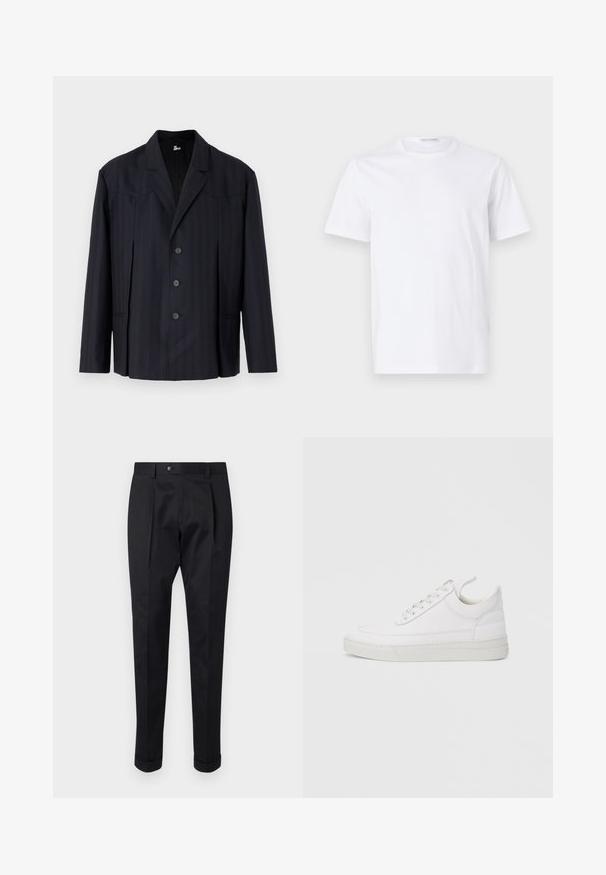 Mørkeblå blazer med lodrette striber, enkeltbreasted design, strukturerede skuldre, fem knapper og slagkrave.; Hvid bomulds t-shirt med rund halsudskæring og korte ærmer. Glat tekstur, lige snit og minimalistisk design uden mønstre eller accenter.; Sorte bukser lavet af et glat stof, der har en fold foran, en knaplukning og opsmøg ved anklerne.; Hvid lædersneaker med rundet tå, flad sål og snørebånd foran. Har syningsdetaljer og polstret krave for komfort.