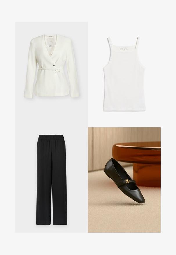 Blazer blanc à manches longues avec col en V, fermeture par un seul bouton et ceinture fine nouée à la taille, présenté sur un fond uni.; Débardeur blanc à fines bretelles, en tissu de coton côtelé, avec un décolleté droit et une finition soignée à l'ourlet.; Pantalon large noir avec une taille élastique, fabriqué dans un tissu lisse et léger. Présente une coupe droite et sans motifs visibles.; Chaussure plate en cuir noir avec bout pointu et logo CK doré sur la bride, posée sur un tapis beige près d'une table ronde couleur ambre brun.