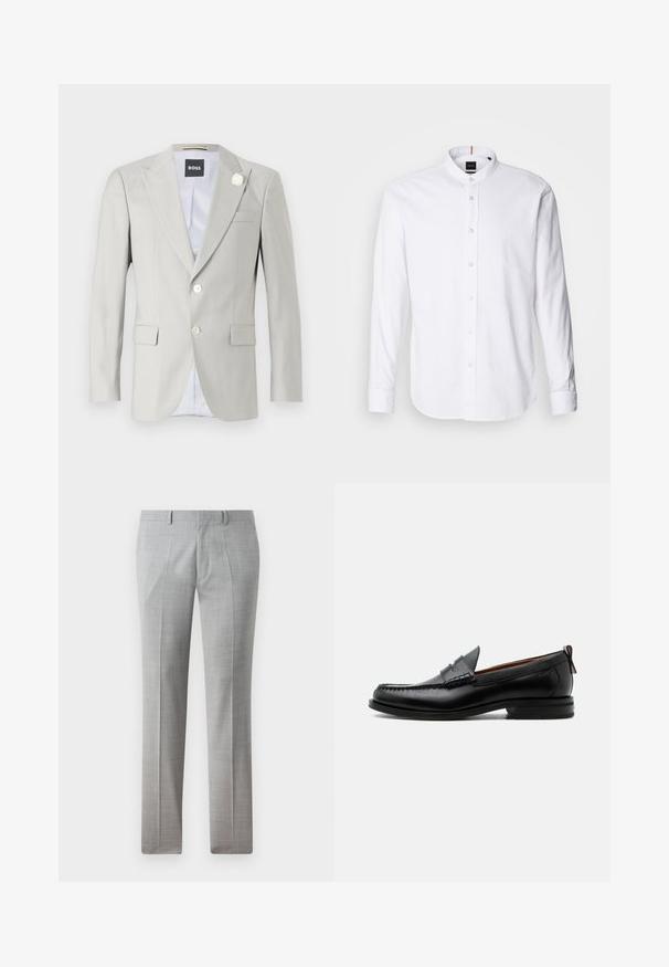 Blazer gris clair avec revers en pointe, fermeture à deux boutons, poches latérales et accent décoratif en fleur blanche sur le revers. Intérieur doublé.; Chemise blanche à manches longues avec col bande, boutonnière à l'avant et ourlet arrondi. Fabriquée en coton, elle présente une texture lisse et un léger éclat.; Pantalons gris ajustés en tissu lisse, avec un motif à carreaux fin, des jambes droites et des passants de ceinture. Pas de poches visibles.; Mocassin homme en cuir noir avec couture moc toe, bride penny, col texturé et petit talon empilé sur fond blanc.