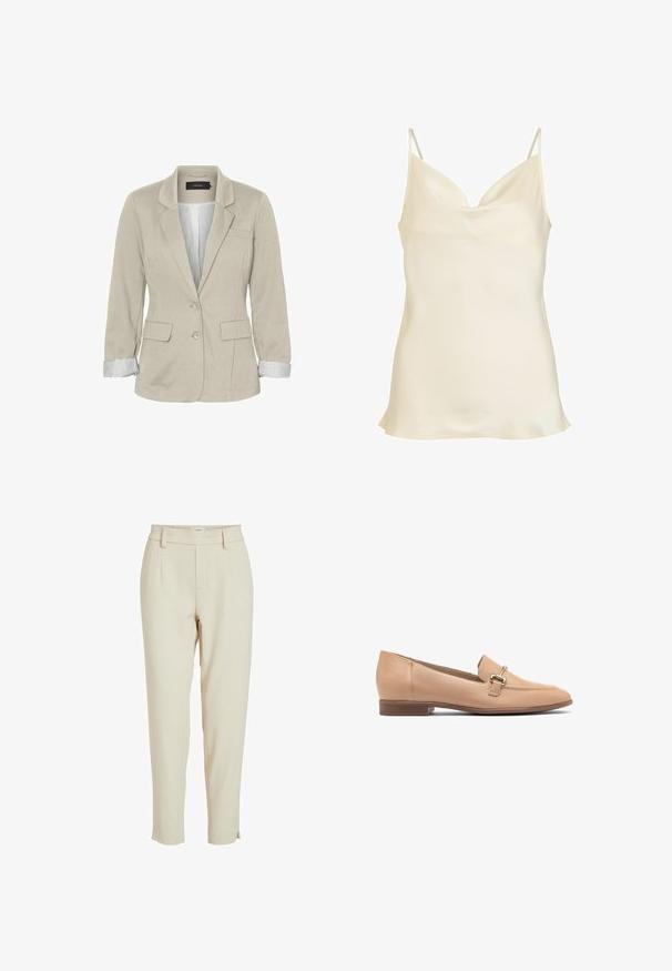 Vero Moda Blazer - oatmeal; Caraco en satin couleur crème avec bretelles spaghetti et encolure drapée, texture lisse et légère évasement à l'ourlet.; Pantalon beige ajusté avec une taille élastique, des poches latérales et une jambe fuselée avec un ourlet à revers. Tissu lisse et léger.; Mocassins en cuir beige avec un petit talon, présentant un design cousu et un petit accent en métal argenté sur le dessus. Texture lisse.