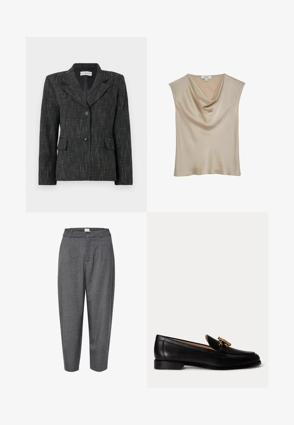 Zwarte blazer met een gestructureerd patroon, enkelvoudige sluiting, reverskraag, twee voorzakken en twee knopen voor sluiting.; Beige satijnen mouwloze blouse met watervalhalslijn, gelabeld "REISS", getoond tegen een witte achtergrond.; Grijze, taps toelopende broek gemaakt van textuurstof; heeft plooien en een gladde tailleband met een verborgen sluiting.; Zwarte leren loafer met lage hak en gouden metalen gespdetail bovenop, van opzij getoond op een witte achtergrond.