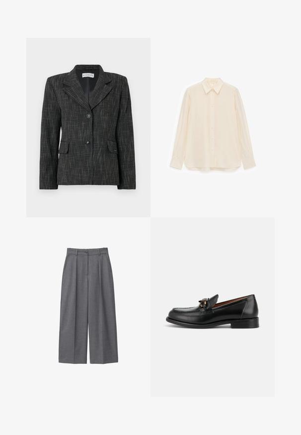 Blazer negro con un patrón texturizado, diseño de un solo botón, solapas con muescas, dos bolsillos frontales y dos botones para el cierre.; Camisa de color crema con botones, confeccionada en tela suave, que cuenta con cuello, mangas largas y un dobladillo ligeramente curvado.; Pantalones de pierna ancha grises, hechos de una tela suave, con cintura alta, pliegues, cierre de botón y bolsillos laterales. Diseño minimalista.; Mocasín de cuero negro con tacón bajo, puntera redondeada y detalle decorativo de hebilla metálica en la parte delantera.