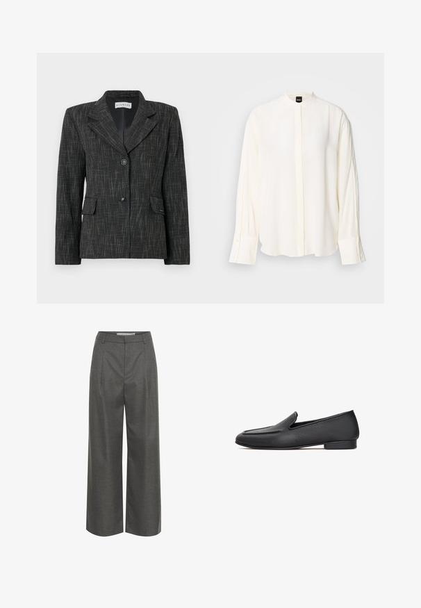Zwarte blazer met een gestructureerd patroon, enkelvoudige sluiting, reverskraag, twee voorzakken en twee knopen voor sluiting.; Lange mouwen, crèmekleurige blouse gemaakt van gladde stof; mandarina-kraag, voorste beleg, geruite manchetten en een losse pasvorm.; Grijze wijde broek van textuurstof, met een hoge taille en verticale plooien, zonder zichtbare zakken of hardware details.; Zwarte leren loafers met een gestructureerde afwerking, met een ronde neus en een lage hak. Het ontwerp omvat een gestikte bovenkant.