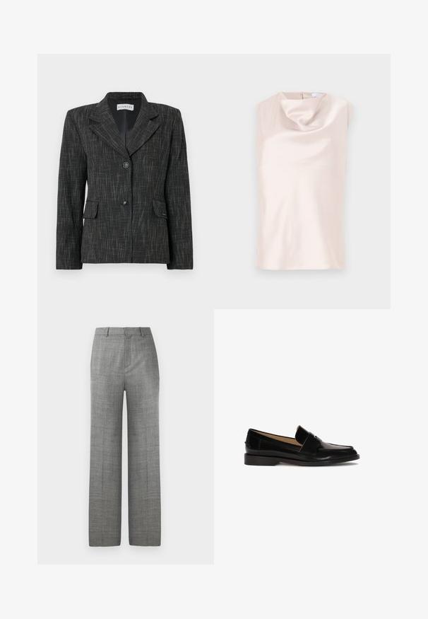 Zwarte blazer met een gestructureerd patroon, enkelvoudige sluiting, reverskraag, twee voorzakken en twee knopen voor sluiting.; Zijdeachtige mouwloze top in zacht beige met een gedrapeerde col kraag. Heeft een discreet ritsje aan de achterkant en een gladde, glanzende textuur.; Grijze op maat gemaakte wijde broek met riemlussen en een voorvouw op een witte achtergrond, geschikt voor formele of kantoorkleding.; Zwarte leren instappers met een gladde afwerking, ronde neus en een decoratief bandje over de voorkant. Ontwerp met lage blokhak.