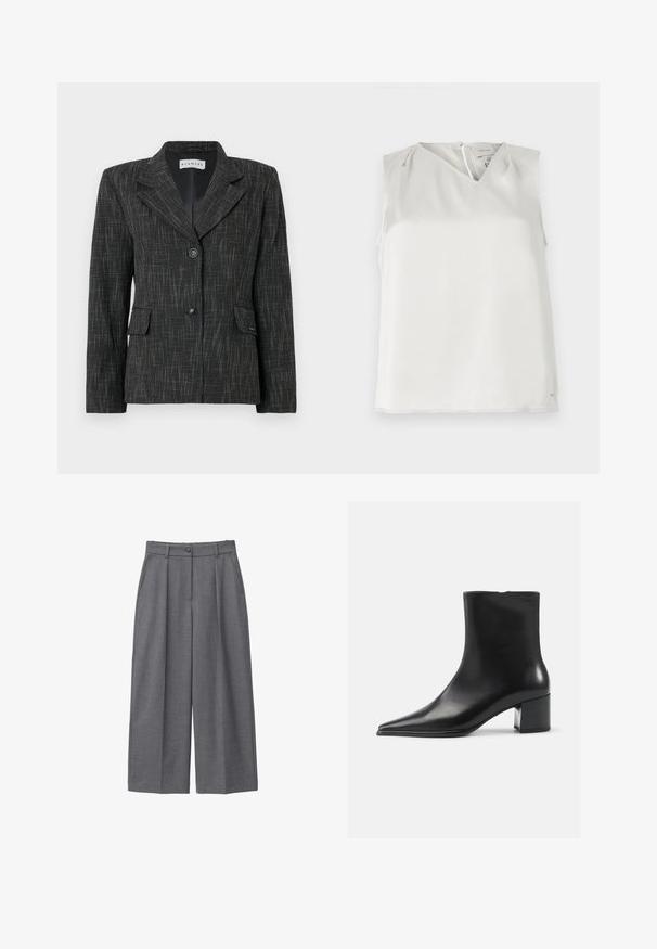 Zwarte blazer met een gestructureerd patroon, enkelvoudige sluiting, reverskraag, twee voorzakken en twee knopen voor sluiting.; Mouwloze witte blouse met V-hals, subtiele plooien bij de schouders en ritssluiting aan de achterkant, getoond tegen een effen achtergrond.; Grijze wijde broek van soepel materiaal, met een hoge taille, plooien, een knoopsluiting en zijzakken. Minimalistisch ontwerp.; Zwarte leren enkellaars met een spitse neus, een soepele textuur en een middenblokhak. Minimalistisch ontwerp, ritssluiting aan de achterkant.