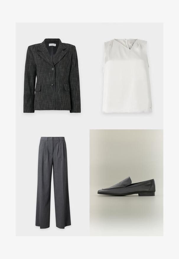 Blazer negro con un patrón texturizado, diseño de un solo botón, solapas con muescas, dos bolsillos frontales y dos botones para el cierre.; Blusa blanca sin mangas con escote en V, pliegues sutiles en los hombros y cierre de cremallera en la espalda, mostrada sobre un fondo liso.; Pantalones de pierna ancha en gris oscuro con pliegues delanteros, trabillas para cinturón y cierre delantero oculto, mostrados sobre un fondo claro y liso.; Mocasines de cuero negro con un acabado suave, punta afilada y diseño minimalista. Tacón bajo apilado y acentos de costura sutiles.
