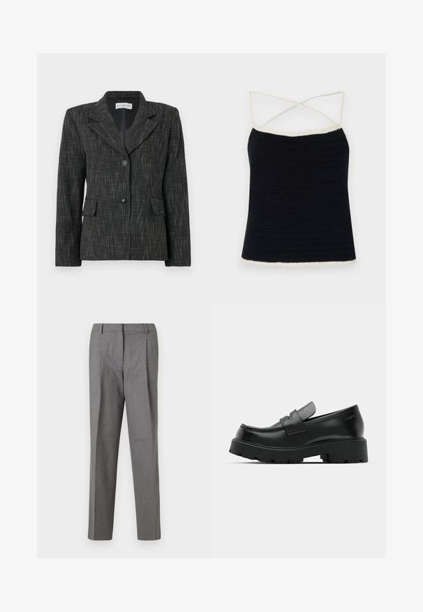 Blazer noir avec un motif texturé, design à boutonnage simple, revers crantés, deux poches avant et deux boutons de fermeture.; Camisole en crochet noir avec une bordure crèam en forme de scallop, présentant des bretelles spaghetti croisées et une silhouette ajustée. Texture lisse avec des motifs horizontaux.; Pantalons grijs ajustés avec un tissu texturé, présentant un design à jambes droites, des plis à l'avant et une taille sans matériel visible.; Mocassins en cuir noir avec une semelle épaisse et texturée, dotés d'une sangle sur le vamp et d'une finition lisse et polie.