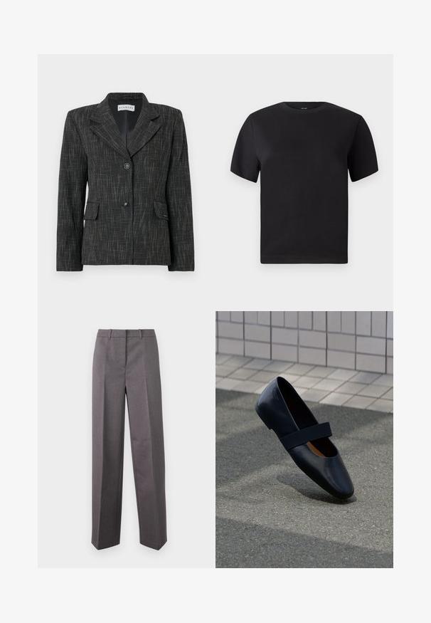 Zwarte blazer met een gestructureerd patroon, enkelvoudige sluiting, reverskraag, twee voorzakken en twee knopen voor sluiting.; Zwarte korte mouwen t-shirt, ronde halslijn, gemaakt van zacht katoen, gladde textuur, minimalistisch ontwerp zonder patronen of accenten.; Grijze, op maat gemaakte broeken van textuurstof, met een rechte pijp, een vlakke voorkant en riemlussen.; Zwarte leren platte schoen met een ronde neus, voorzien van een zachte zwarte elastische band over de wreef. Gladde textuur en minimalistisch ontwerp.