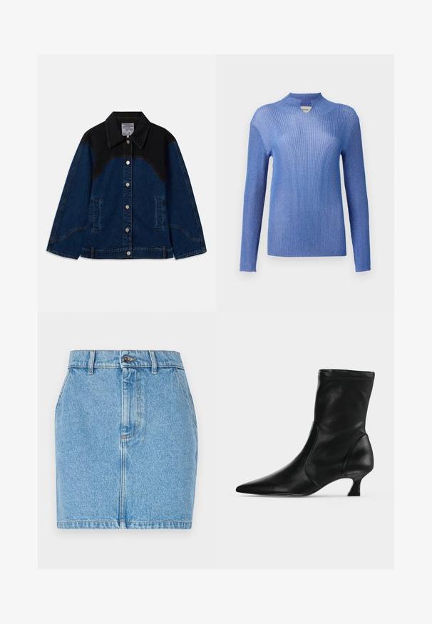 Veste en denim avec un corps bleu foncé et des panneaux noirs aux épaules, boutons-pression à l'avant et poches latérales. Tissu texturé avec des détails de couture.; Pull en tricot bleu côtelé avec un col montant et des manches longues. Présente une finition texturée et un léger éclat, offrant une silhouette ajustée.; Jupe en denim bleu clair, avec un design ajusté, un style à cinq poches et des coutures contrastées. Le matériau a une finition texturée.; Botte mi-mollet en cuir noir avec bout pointu et petit talon kitten, vue de profil sur un fond clair uni.