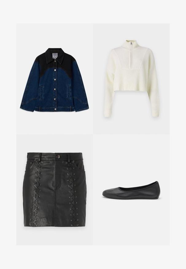 Veste en denim avec un corps bleu foncé et des panneaux noirs aux épaules, boutons-pression à l'avant et poches latérales. Tissu texturé avec des détails de couture.; Pull court de couleur crème avec un col zippé, texture côtelée et manches larges. Le matériau semble doux et tricoté.; Mini-jupe en cuir noir avec un laçage sur les côtés agrémenté d'œillets en métal, design à cinq poches et silhouette ajustée.; Ballerines en cuir noir avec un bout rond, texture lisse, détails de couture minimalistes et design de semelle flexible.