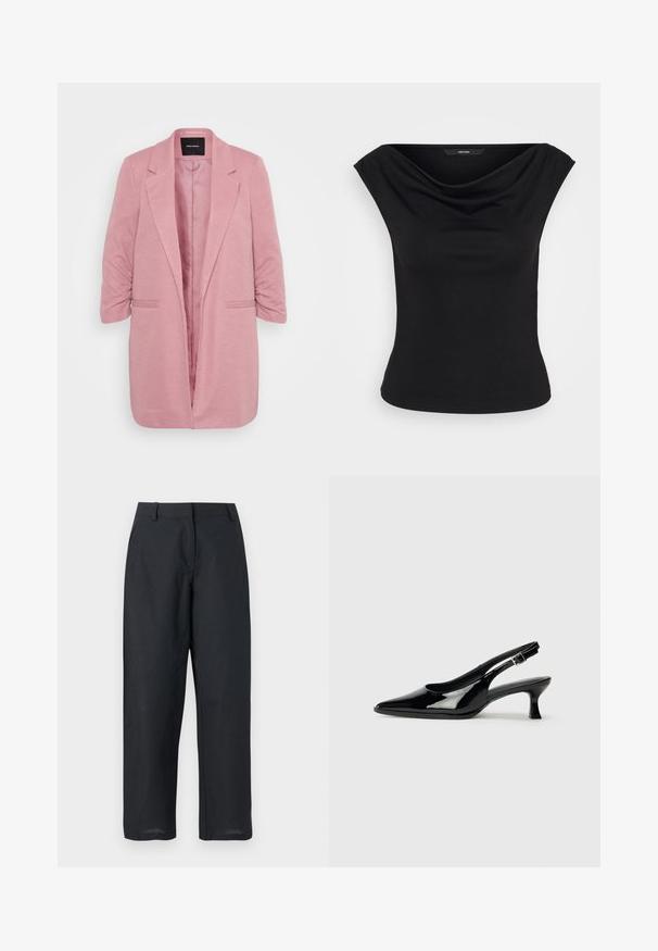 Lyserød blazer med et struktureret design, tekstureret stof, knap-beslag, og trekvartærmer. Har to forlommer og åben front.; Sort ærmeløs top med bred bådudskæring og let draperet detalje, tætsiddende talje, præsenteret på en ensfarvet hvid baggrund.; Sorte bukser med lige ben, bæltestropper, lynlås foran og sidelommer, vist på hvid baggrund.; Sorte patenterede slingback-sko med spidse tæer og lav blokhæl. Justerbar spænde-rem ved anklen.