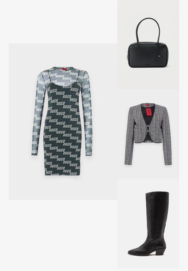 Veste cropped en tissu tissé bleu marine et blanc. Elle présente un col rond, une fermeture à crochets à l'avant et des manches longues. Comprend une étiquette.; Robe à manches longues de couleur vert foncé avec un motif en répétition du logo blanc "HUGO". Fabriquée en tissu ajusté et extensible, elle possède un col rond.; Botte en cuir noire mi-mollet avec un bout pointu et un talon bas incliné sur un fond clair uni.; Sac à main rectangulaire noir avec doubles poignées arrondies, fermeture éclair dorée et logo "HUGO" embossé sur le devant avec une étiquette en cuir attachée.