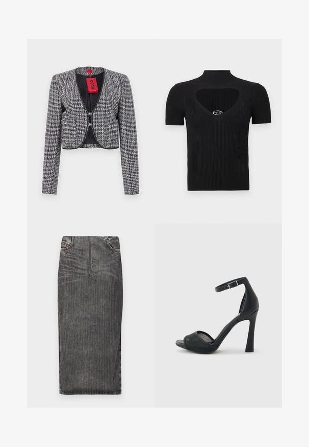 Veste cropped en tissu tissé bleu marine et blanc. Elle présente un col rond, une fermeture à crochets à l'avant et des manches longues. Comprend une étiquette.; Haut noir en maille côtelée avec un col montant et une découpe en forme de cœur. Comprend des manches courtes et un accent argenté au niveau du col.; Jupe midi en denim gris avec des rayures verticales, présentant une taille haute, un design à cinq poches et un ourlet net.; Sandale à talon haut noire avec bout ouvert en mesh, bride à la cheville avec boucle argentée, et talon fin et effilé sur un fond clair uni.