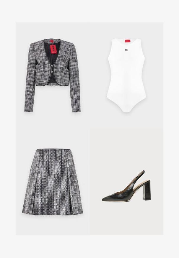 Veste cropped en tissu tissé bleu marine et blanc. Elle présente un col rond, une fermeture à crochets à l'avant et des manches longues. Comprend une étiquette.; Body blanc sans manches, ajusté, avec encolure ronde et petit logo noir "HUGO" sur la poitrine, étiquette de marque rouge à l'intérieur du col.; Jupe en tweed marine avec un motif texturé, silhouette évasée et plis. La taille est noire, mettant en valeur le design de la jupe.; Chaussure slingback en cuir noir à bout pointu avec un talon bloc haut et une doublure intérieure beige sur un fond clair uni.