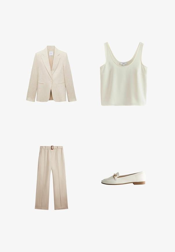 Blazer beige claro de lino, con solapas de muesca, cierre de un botón, dos bolsillos frontales y un corte entallado.; Top corto sin mangas de color crema con tirantes anchos y escote redondo, hecho de tela suave.; Pantalones beige de pierna ancha y cintura alta con pliegues frontales y un cinturón a juego con una hebilla rectangular marrón.; Mocasín de cuero blanco con punta redonda, tacón de madera plano y un acento decorativo de hardware dorado en la parte delantera. Diseño simple y minimalista.