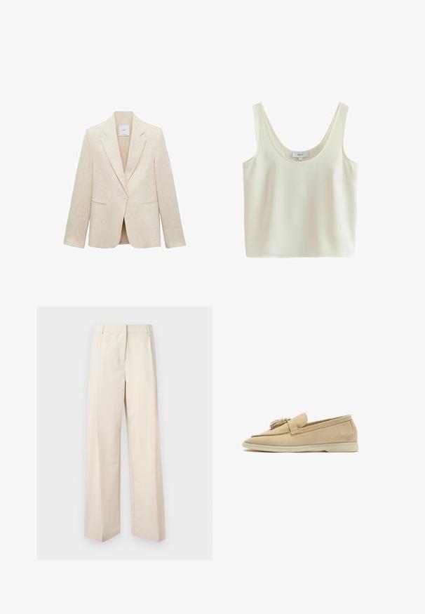Blazer beige claro de lino, con solapas de muesca, cierre de un botón, dos bolsillos frontales y un corte entallado.; Top corto sin mangas de color crema con tirantes anchos y escote redondo, hecho de tela suave.; Pantalones de pierna ancha beige con un corte ajustado, hechos de una tela suave. Presentan un frente plano y líneas limpias, sin adornos visibles.; Scarosso Zapatos sin cordones - butter suede