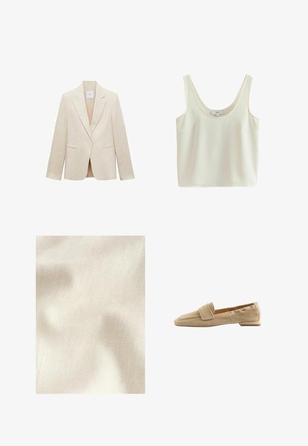 Lyse beige blazer lavet af linned, med klapkrave, enkelt knappelukning, to frontlommer og en skræddersyet pasform.; Ærmeløs, cremefarvet cropped tanktop med brede stropper og scoop-halsudskæring, lavet af glat stof.; Glat, let rynket cremefarvet stof med diagonalt fint ribbet tekstur, vist i close-up.; Beige ruskind flad sko med firkantet tå, bred rem over toppen og en let polstret lav hæl.