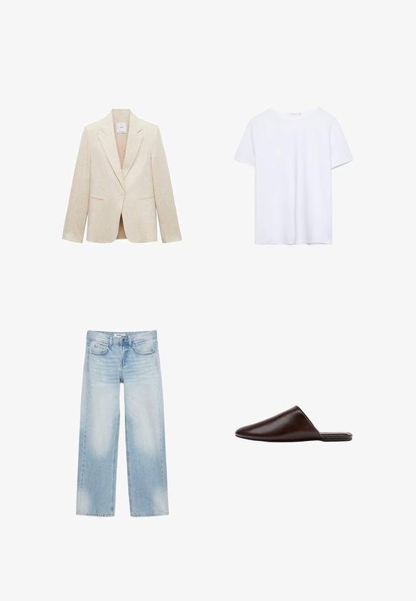 Blazer beige clair en lin, avec un col à revers, fermeture à un bouton, deux poches avant et une coupe ajustée.; T-shirt blanc uni à manches courtes et col rond avec ourlet droit, présenté sur un fond blanc.; Jean bleu clair à jambes larges avec cinq poches, passants pour ceinture, fermeture par bouton et légère décoloration sur l'avant des cuisses et des genoux.; Mule en cuir marron foncé à enfiler, avec bout fermé pointu et semelle plate, vue de profil sur fond blanc.