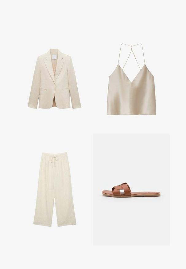 Lyse beige blazer lavet af linned, med klapkrave, enkelt knappelukning, to frontlommer og en skræddersyet pasform.; Beige satin camisole med dyb V-hals og tynde, krydsede spaghettistropper bagpå.; Bukser i cremefarvet bred ben med elastik i taljen og snøre, tekstureret stof med subtil lodret syning.; Brune flade slide-sandaler lavet af glat læder med et krydset remdesign, der har en flad sål og en minimalistisk stil.