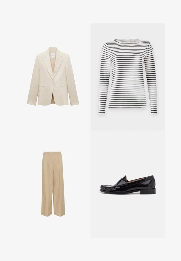 Blazer beige claro de lino, con solapas de muesca, cierre de un botón, dos bolsillos frontales y un corte entallado.; Camisa de manga larga a rayas hecha de tela suave, con rayas horizontales en azul marino y blanco, escote redondo y un diseño ajustado.; Pantalones de pierna ancha color beige con pliegues delanteros, cinturilla con pasadores para cinturón y una textura de tela suave y ligera.; Zapato mocasín de cuero negro con un acabado brillante, que presenta detalles de flecos en la parte delantera y un tacón bajo apilado.