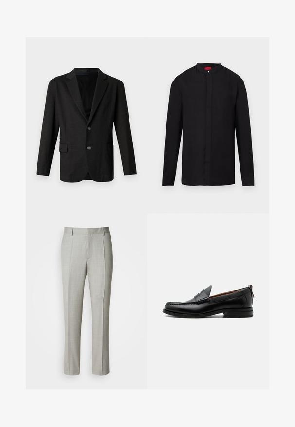 Blazer gris foncé en tissu lisse et texturé. Il présente un revers cranté, deux boutons à l'avant et une poche simple sur le côté gauche.; Chemise noire à manches longues avec col mandarin et patte de boutonnage dissimulée, présentée sur fond blanc.; Pantalon tailleur gris clair en tissu lisse, présentant une coupe droite, des plis à l'avant, et une ceinture classique avec passants pour ceinture.; Mocassin homme en cuir noir avec couture moc toe, bride penny, col texturé et petit talon empilé sur fond blanc.