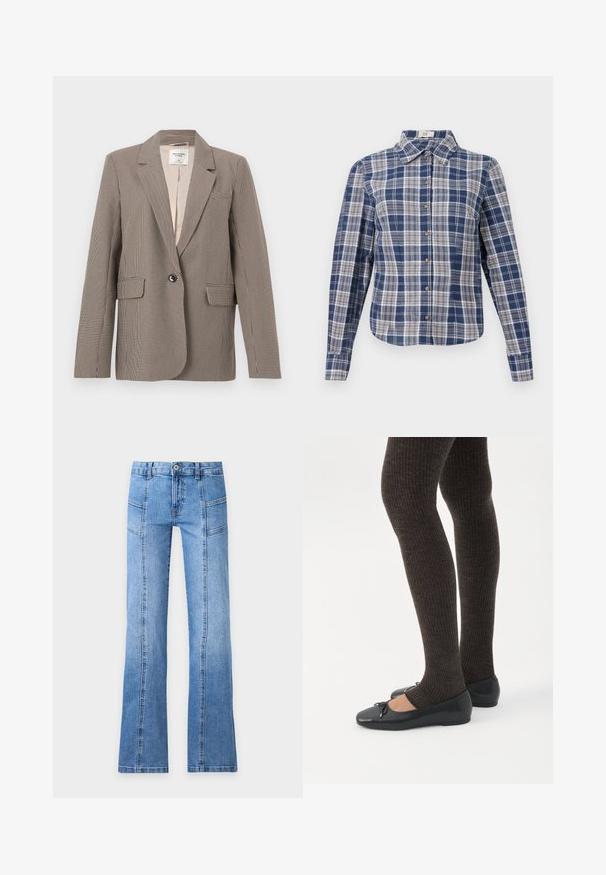 Blazer à carreaux prince-de-galles brun et beige à simple boutonnage avec revers crantés, deux poches avant à rabat et une fermeture par un bouton.; Chemise à manches longues à carreaux bleu et blanc avec un col et des boutons marron, présentée à plat sur un fond blanc.; Jean en denim bleu clair avec taille haute, bouton devant, fermeture éclair, détails de coutures et jambes légèrement évasées sur un fond uni.; Jambes portant des leggings côtelés foncés associés à des ballerines noires avec de petits détails en nœud sur fond blanc.